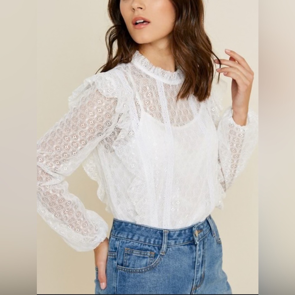 Free People Romantic Goldie Lace Fenimine Ruffle Long Sleeve Ivory Bodysuit XS